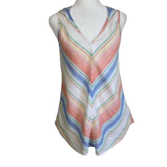 Gap 100% Linen Chevron Smocked Tank Top Blouse Rainbow Striped Vacation Beach - Picture 3 of 16